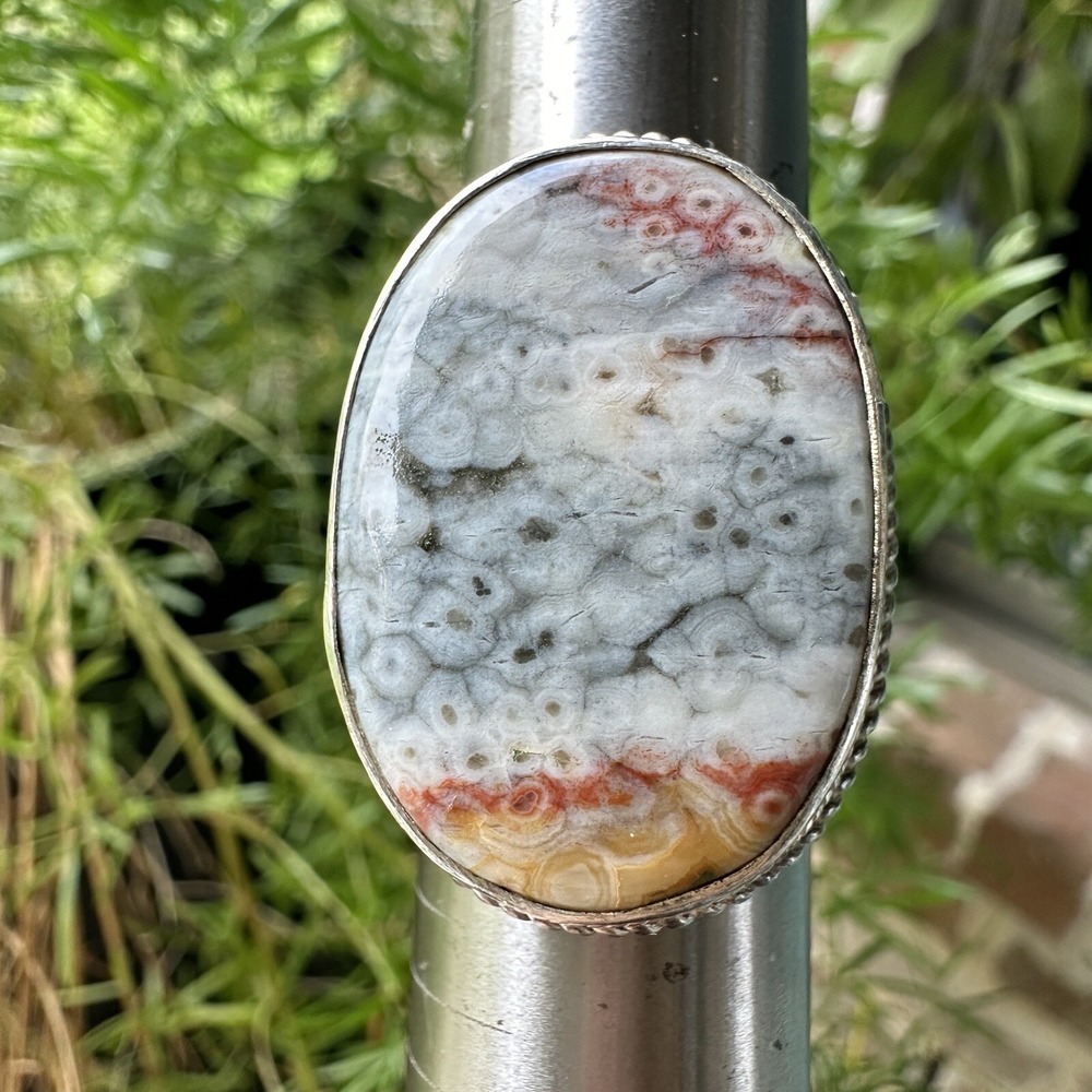 Artisan Statement Ring Agate‎ Size 8.75 Multi Agatized Coral 925 Sterling 16.4g